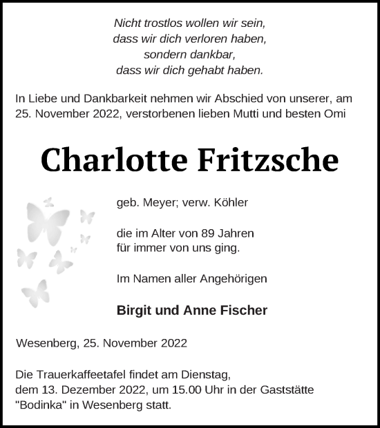 Traueranzeige von Charlotte Fritzsche von Müritz-Zeitung