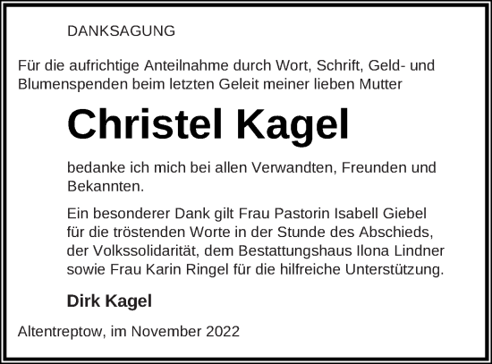 Traueranzeige von Christel Kagel von Neubrandenburger Zeitung