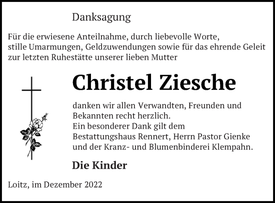 Traueranzeige von Christel Ziesche von Vorpommern Kurier