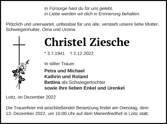 Traueranzeige von Christel Ziesche von Vorpommern Kurier