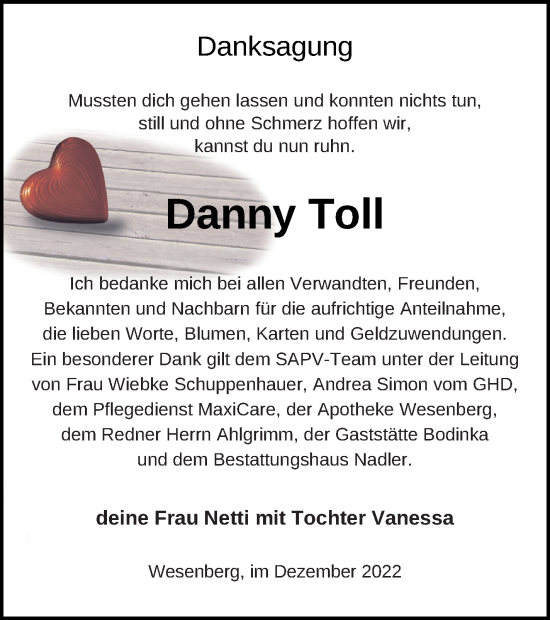 Traueranzeige von Danny Toll von Strelitzer Zeitung