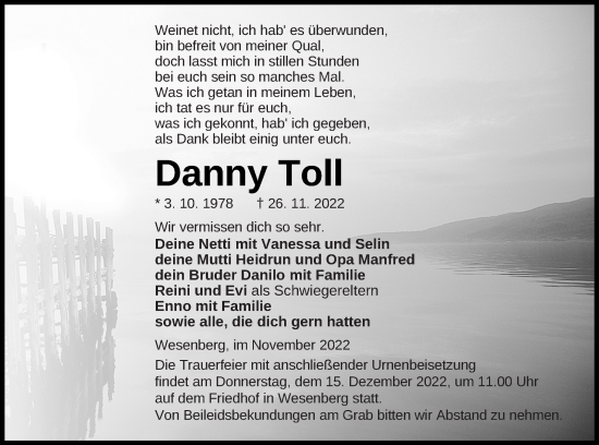 Traueranzeige von Danny Toll von Strelitzer Zeitung