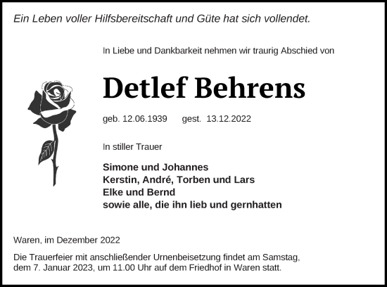 Traueranzeige von Detlef Behrens von Müritz-Zeitung