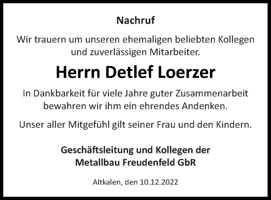 Traueranzeige von Detlef Loerzer von Mecklenburger Schweiz