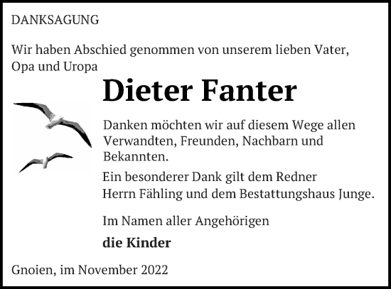 Traueranzeige von Dieter Fanter von Mecklenburger Schweiz