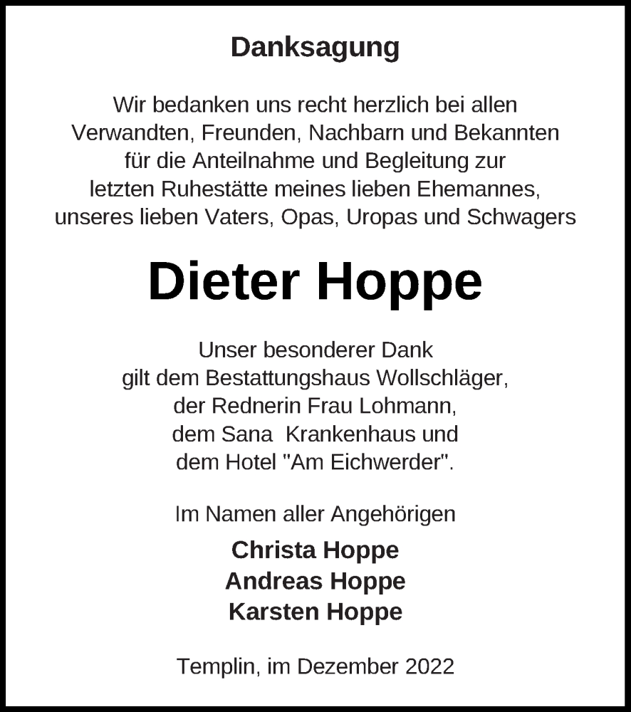  Traueranzeige für Dieter Hoppe vom 20.12.2022 aus Templiner Zeitung