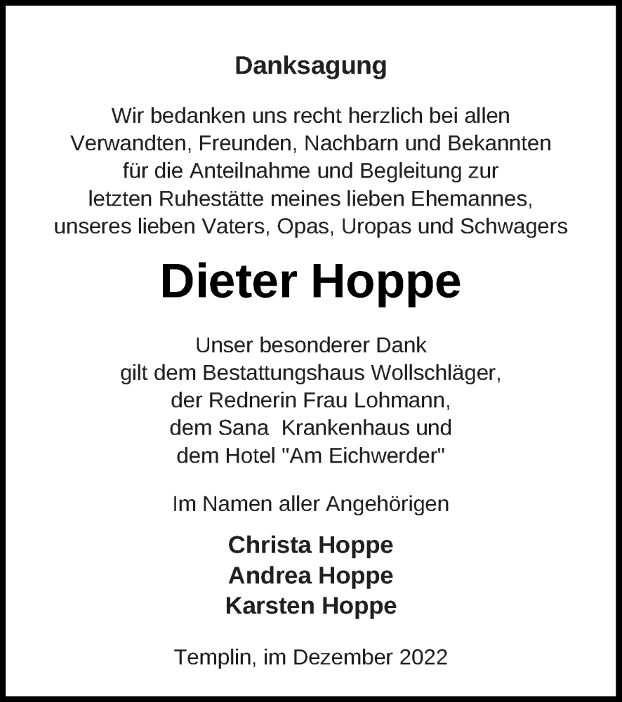  Traueranzeige für Dieter Hoppe vom 16.12.2022 aus Templiner Zeitung