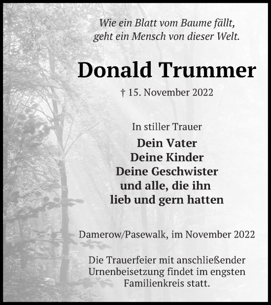 Traueranzeige von Donald Trummer von Pasewalker Zeitung