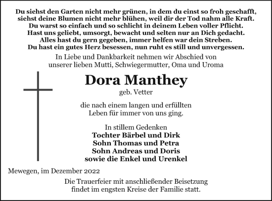 Traueranzeige von Dora Manthey von Pasewalker Zeitung