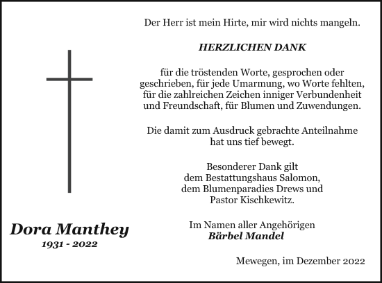 Traueranzeige von Dora Manthey von Pasewalker Zeitung