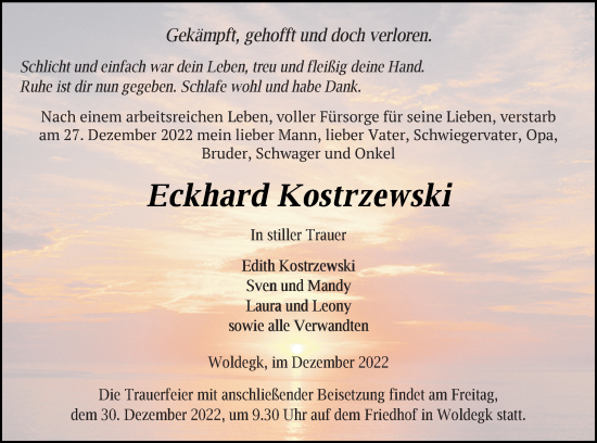 Traueranzeige von Eckhard Kostrzewski von Strelitzer Zeitung