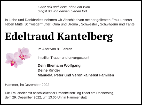 Traueranzeige von Edeltraud Kantelberg von Haff-Zeitung