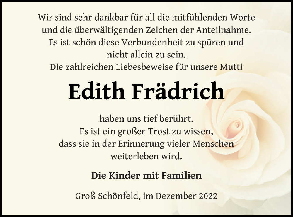  Traueranzeige für Edith Frädrich vom 09.12.2022 aus Strelitzer Zeitung