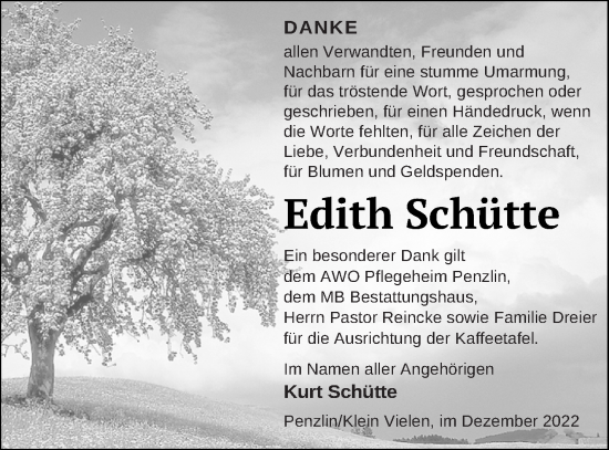 Traueranzeige von Edith Schütte von Müritz-Zeitung