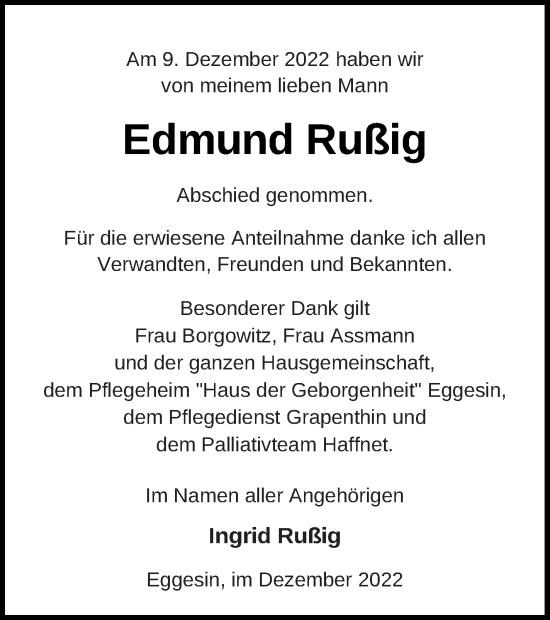 Traueranzeige von Edmund Rußig von Haff-Zeitung