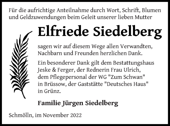 Traueranzeige von Elfriede Siedelberg von Prenzlauer Zeitung