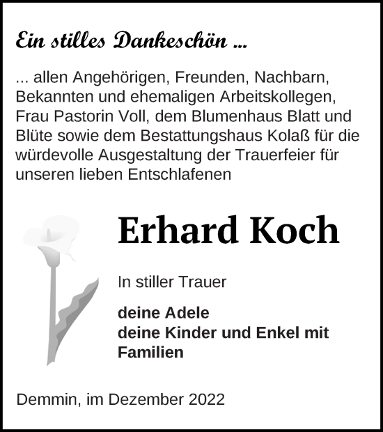 Traueranzeige von Erhard Koch von Demminer Zeitung