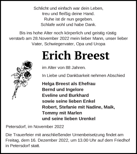 Traueranzeige von Erich Breest von Strelitzer Zeitung