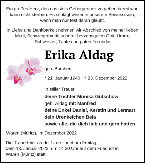 Traueranzeige von Erika Aldag von Müritz-Zeitung