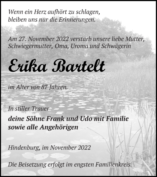 Traueranzeige von Erika Bartelt von Templiner Zeitung