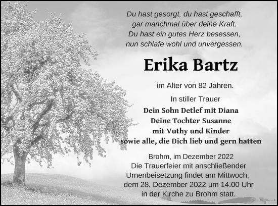 Traueranzeige von Erika Bartz von Neubrandenburger Zeitung