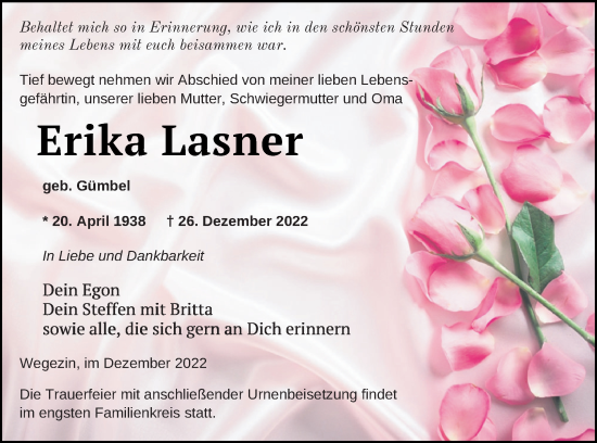 Traueranzeige von Erika Lasner von Vorpommern Kurier