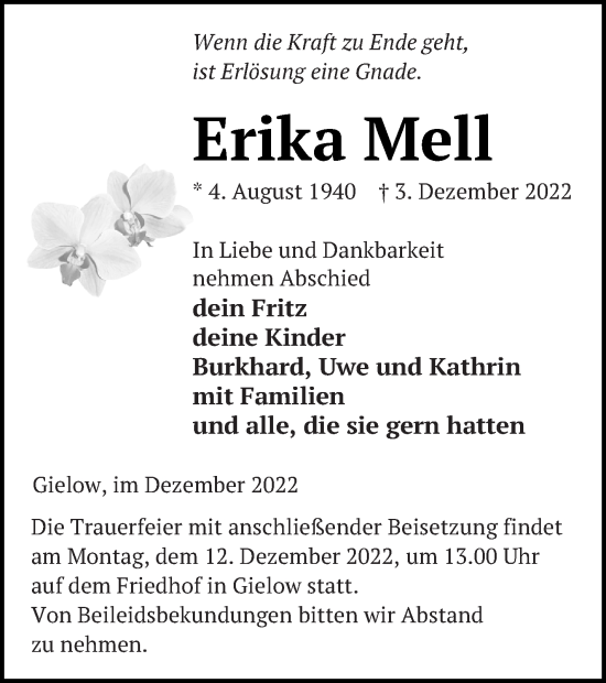 Traueranzeige von Erika Mell von Mecklenburger Schweiz