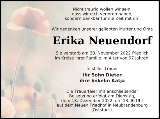 Traueranzeige von Erika Neuendorf von Müritz-Zeitung