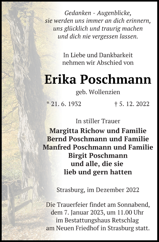 Traueranzeige von Erika Poschmann von Pasewalker Zeitung