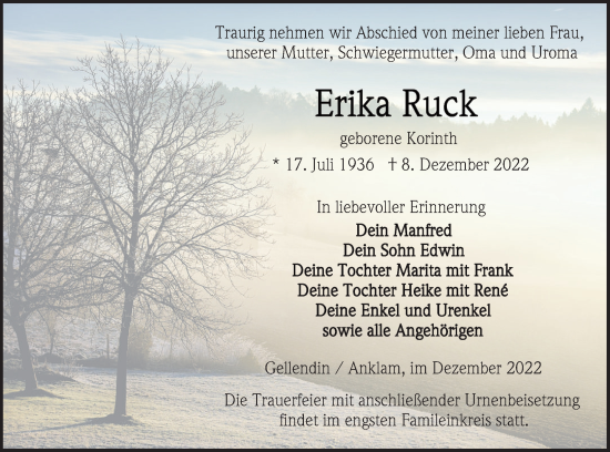 Traueranzeige von Erika Ruck von Vorpommern Kurier