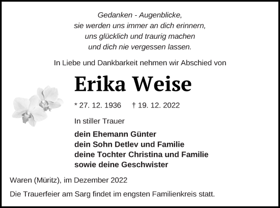 Traueranzeige von Erika Weise von Müritz-Zeitung