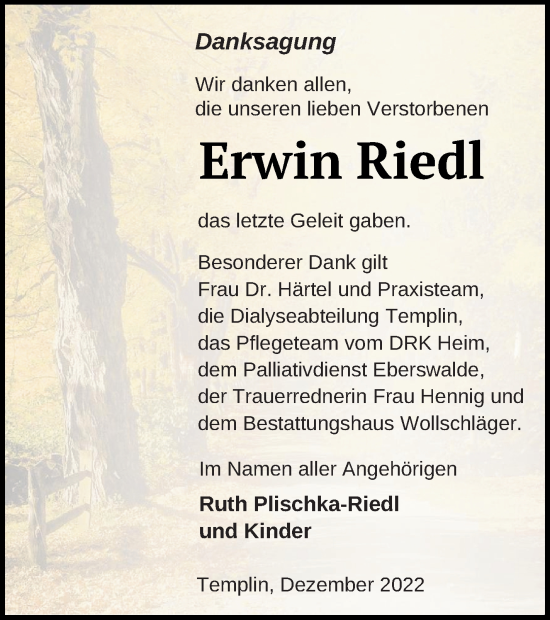 Traueranzeige von Erwin Riedl von Templiner Zeitung