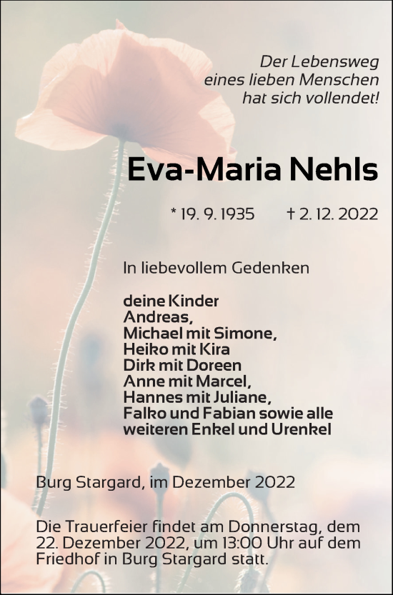 Traueranzeige von Eva-Maria Nehls von Neubrandenburger Zeitung