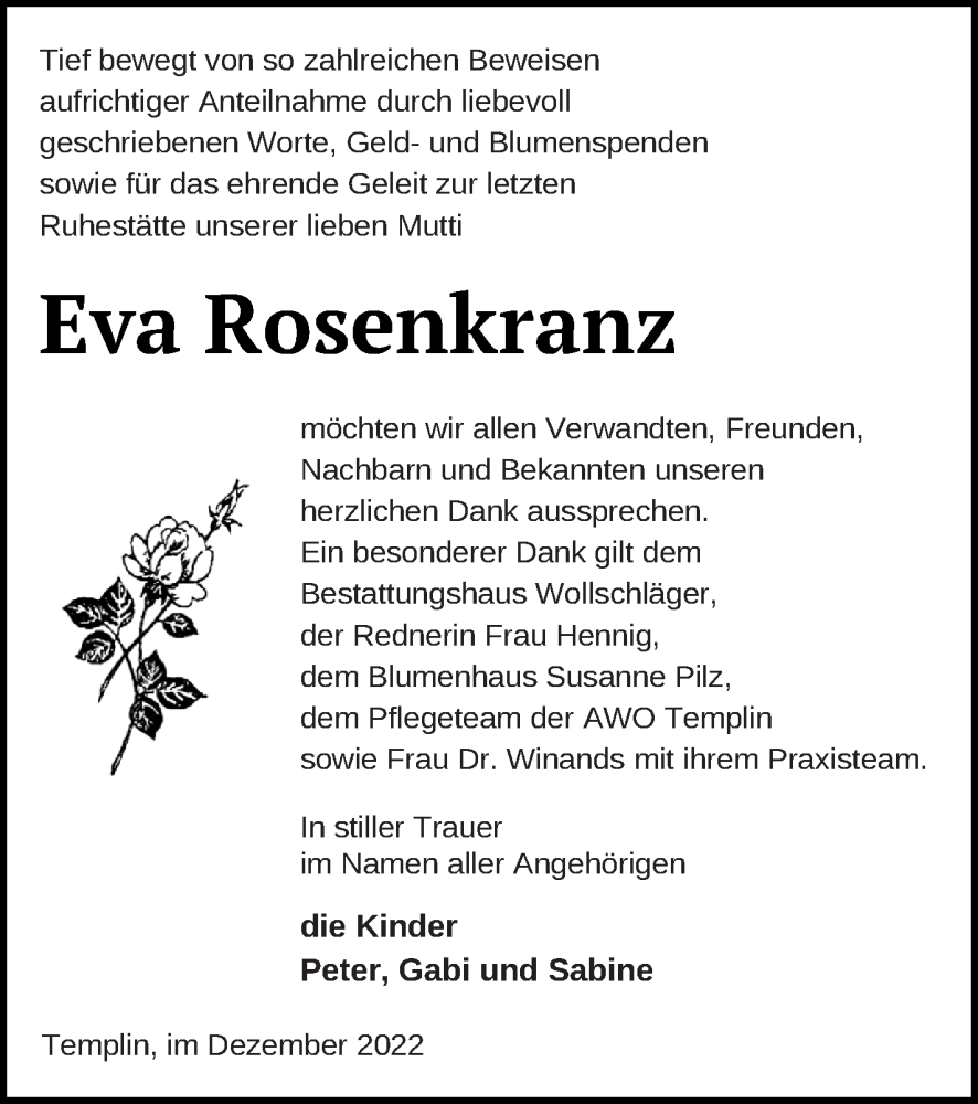  Traueranzeige für Eva Rosenkranz vom 17.12.2022 aus Templiner Zeitung