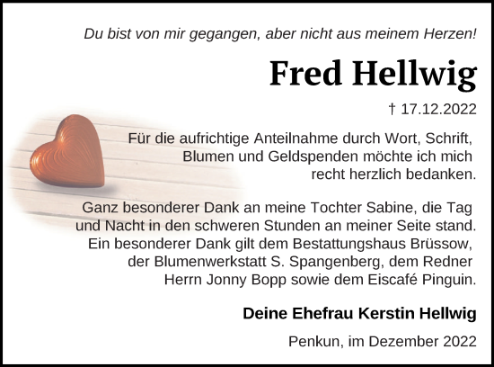 Traueranzeige von Fred Hellwig von Pasewalker Zeitung