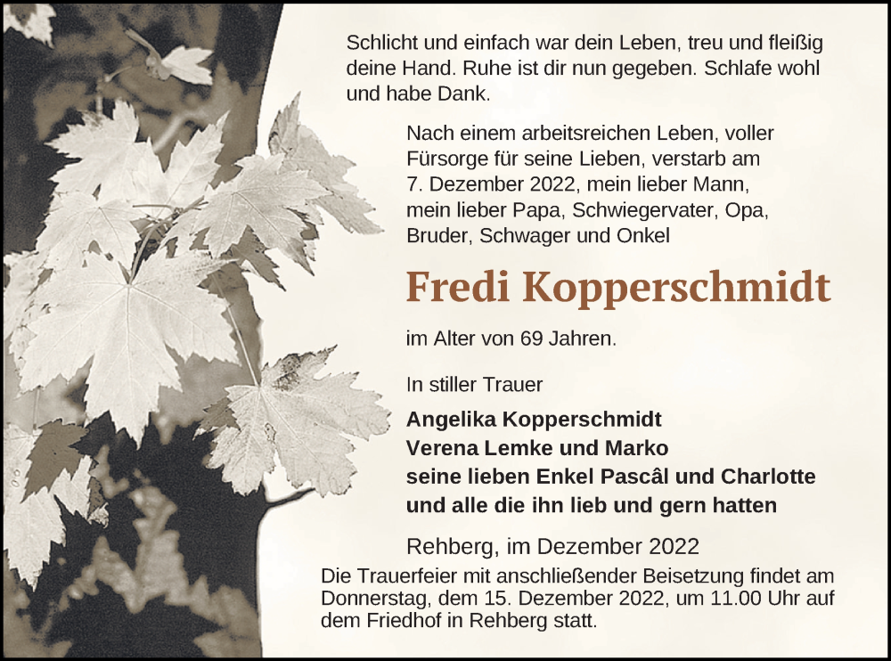  Traueranzeige für Fredi Kopperschmidt vom 09.12.2022 aus Strelitzer Zeitung