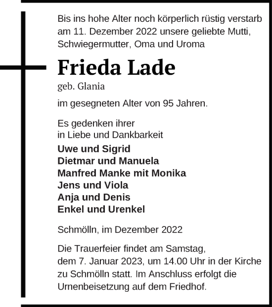 Traueranzeige von Frieda Lade von Prenzlauer Zeitung