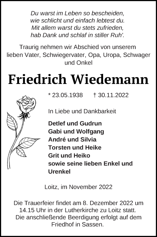 Traueranzeige von Friedrich Wiedemann von Vorpommern Kurier