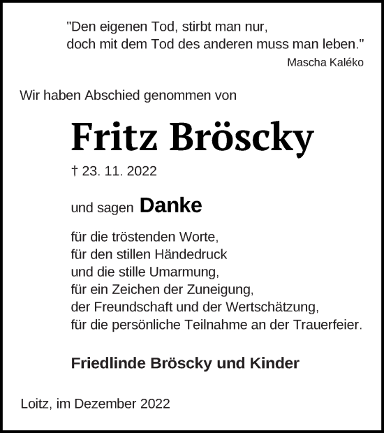 Traueranzeige von Fritz Bröscky von Vorpommern Kurier