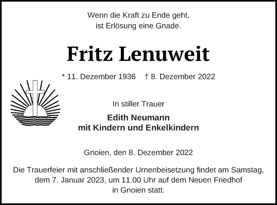 Traueranzeige von Fritz Lenuweit von Mecklenburger Schweiz