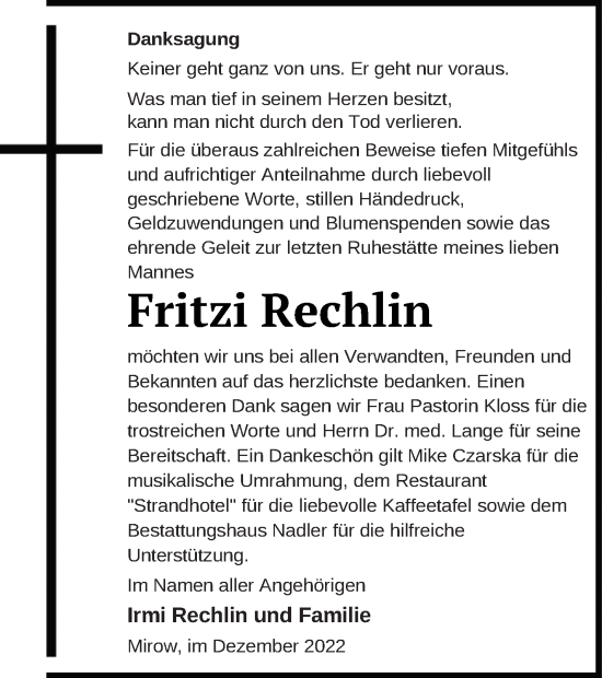 Traueranzeige von Fritzi Rechlin von Strelitzer Zeitung