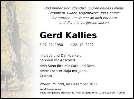 Traueranzeige von Gerd Kallies von Müritz-Zeitung