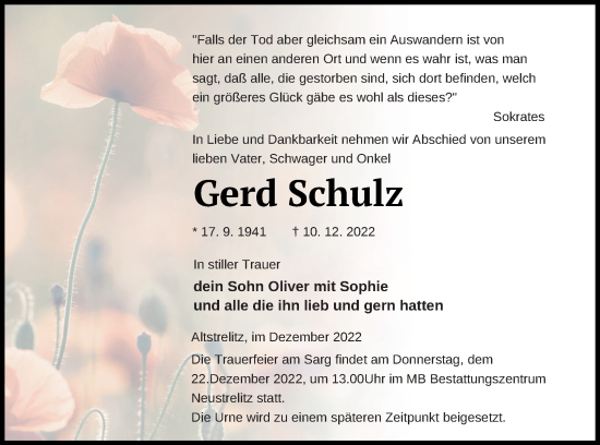 Traueranzeige von Gerd Schulz von Strelitzer Zeitung