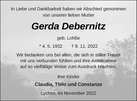 Traueranzeige von Gerda Debernitz von Templiner Zeitung