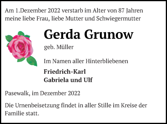 Traueranzeige von Gerda Grunow von Pasewalker Zeitung