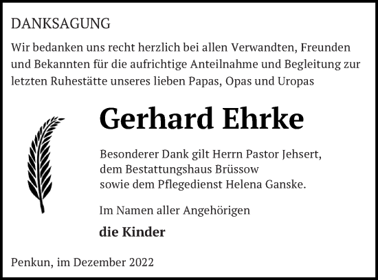 Traueranzeige von Gerhard Ehrke von Pasewalker Zeitung