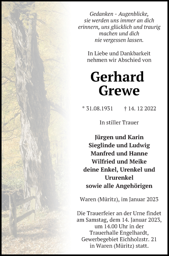 Traueranzeige von Gerhard Grewe von Müritz-Zeitung