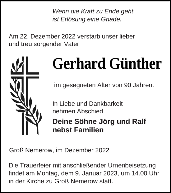 Traueranzeige von Gerhard Günther von Neubrandenburger Zeitung