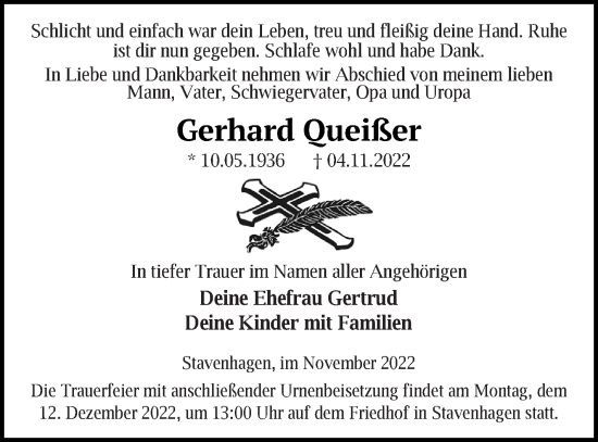 Traueranzeige von Gerhard Oueißer von Mecklenburger Schweiz