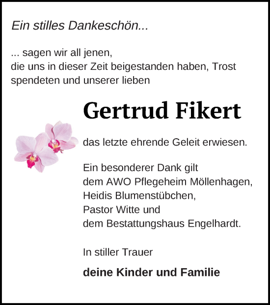 Traueranzeige von Gertrud Fikert von Müritz-Zeitung